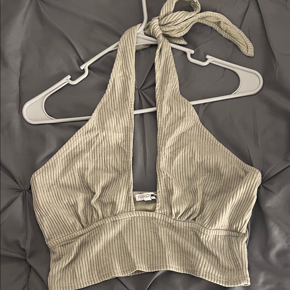 Fashion Nova Ribbed Khaki Halter Crop Top